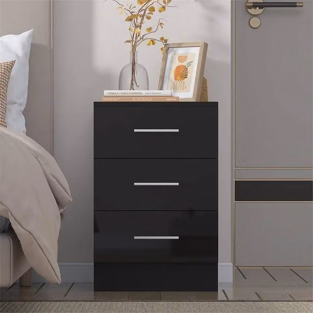 SPETLEK Glossy 3 Drawer Bedside Table in Black – 1