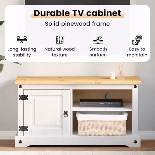 vidaXL Corona Modern TV Cabinet in White Solid Pine Wood, W/D/H: 100 x 40 x 52 cm – 3