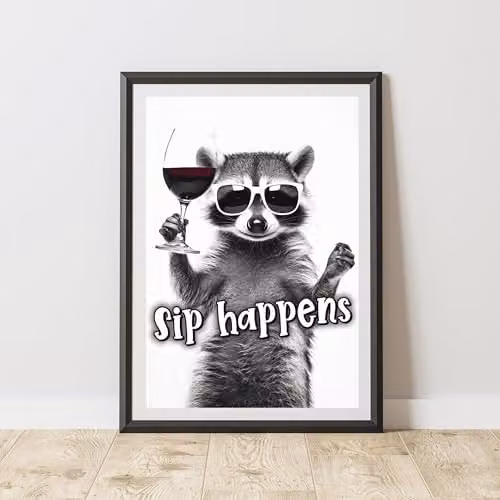 60 Second Makeover Funny Raccoon Sip Happens Black and White Paper Poster, A4