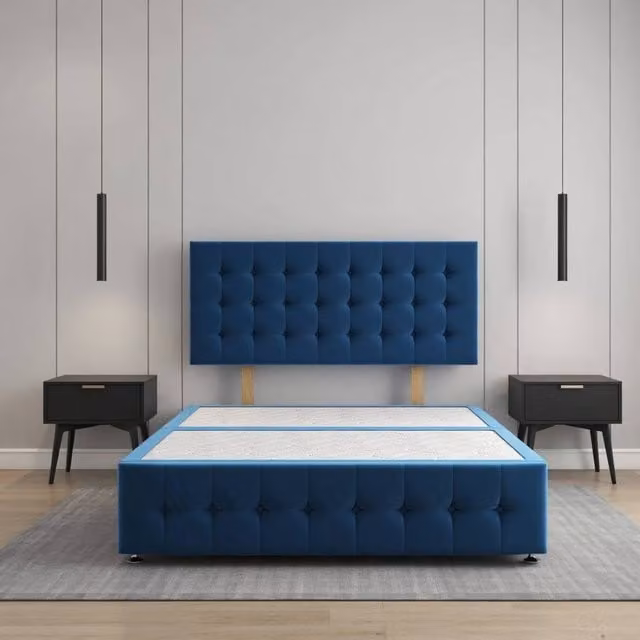 Regional Furnishings Super King Blue Velvet Upholstered Divan Bed Base with 24 inch Headboard and 12 inch Footboard