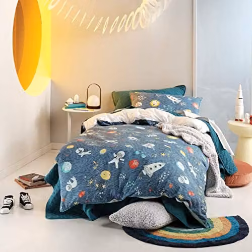 Linen House Kids Space Race Reversible Cotton Single Duvet Cover and Pillowcase Set, Multicolour, W/H: 140 x 200 cm, Pillowcase: 90 x 200 cm – 1
