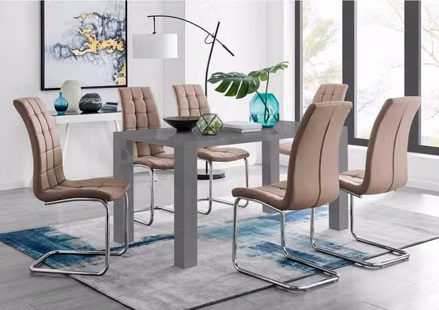 FurnitureboxUK Pivero Grey High Gloss Rectangular Dining Table and 6 Murano Chairs in Cappuccino