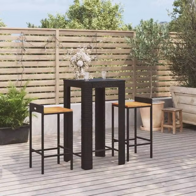 Berkfield Home 3 Piece Garden Bar Set in Black Poly Rattan and Solid Acacia Wood