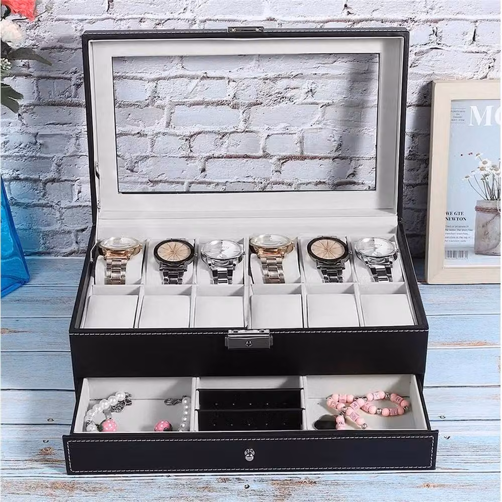 VOGREX Black Leather Watch Box with 12 Grids and Transparent Glass Display Lid – 4