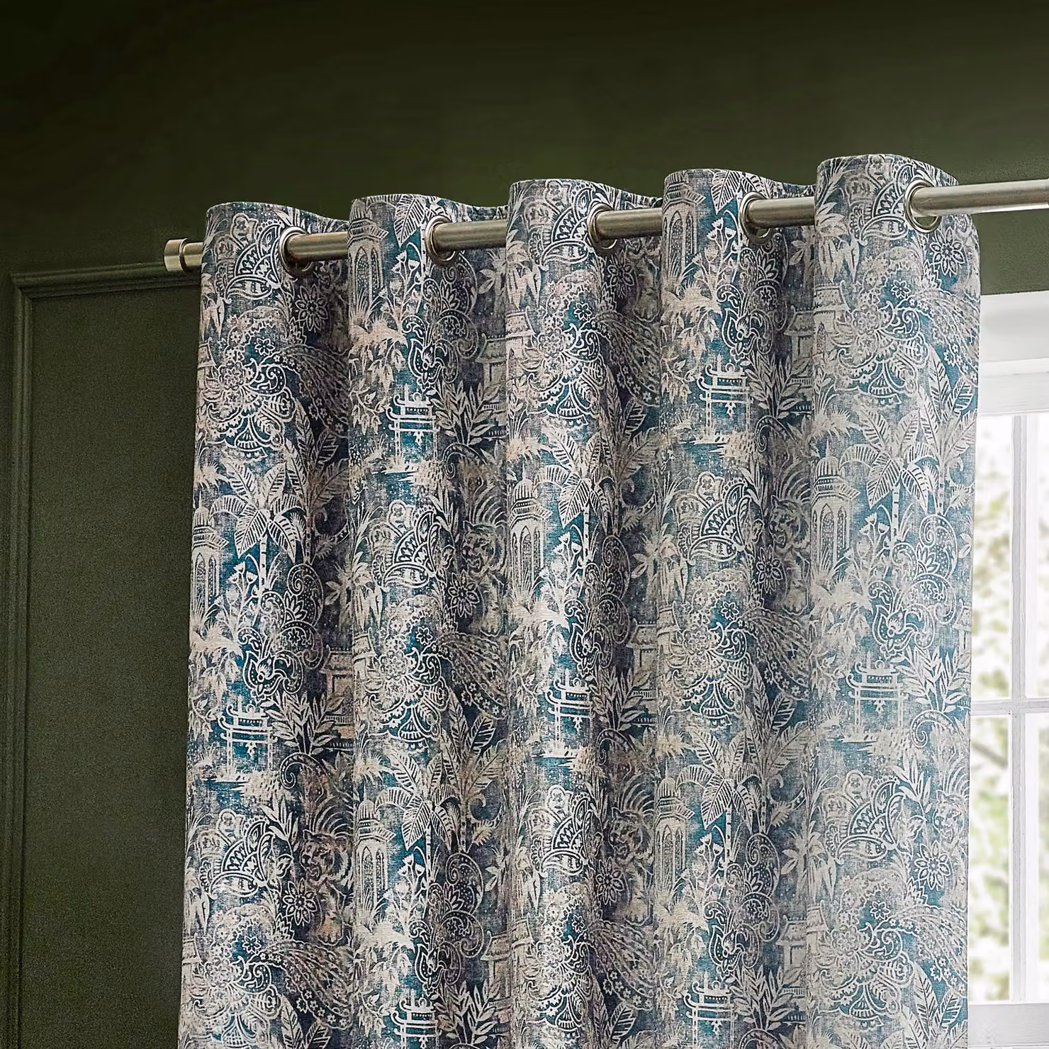 Wylder Tropics Bengal Blue Chenille Eyelet Curtains, Width: 229 cm, Drop: 137 cm – 2