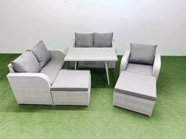 Fimous 7 Seater PE Rattan Garden Furniture Set with Love Sofa and Reclining Chairs in Light Grey