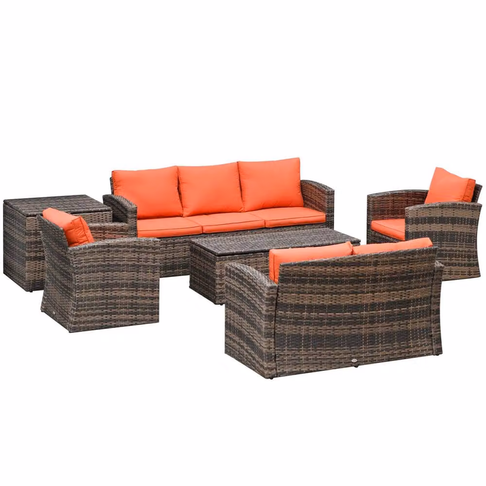 Wyld Haus Toleli 7 Seater Rattan Outdoor Sofa Set with Storage Tables in Brown and Orange – 2
