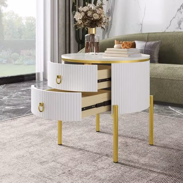 BTM Round White and Gold Glossy Coffee Table with Drawers – 1