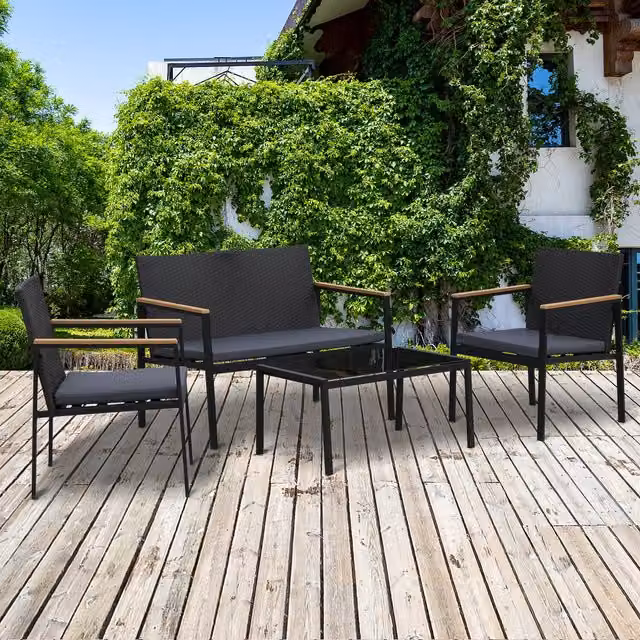 Outsunny 4 Piece Minimalist PE Rattan Garden Furniture Set in Black