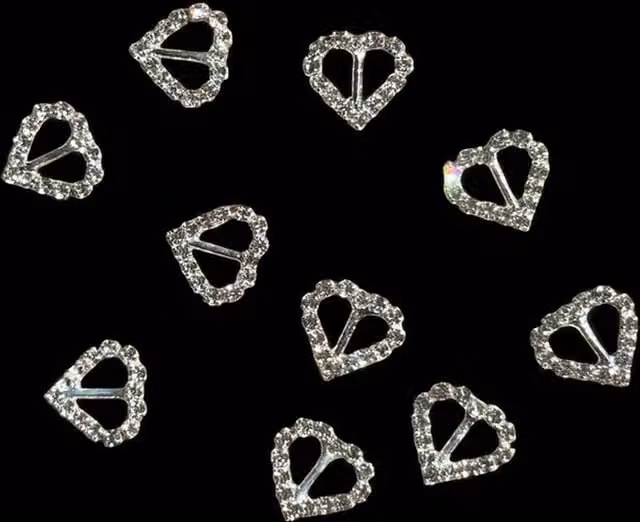 Syntego Pack of 10 Mini Heart Crystal Ribbon Slider Buckles in Silver