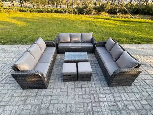 Fimous 11 Seater Rattan Lounge Sofa Set with Rectangular Coffee Table, 3 Seater Sofa and 2 Footstools in Dark Grey