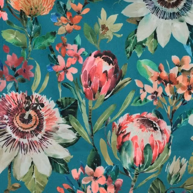 Clarke & Clarke Paradise Velvet Fabric in Petrol and Multicolour