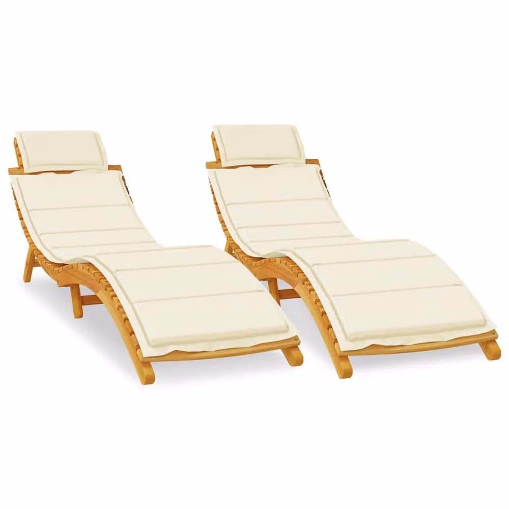 Berkfield Home Set of 2 Acacia Wood Sun Loungers with Beige Weatherproof Cushions – 2