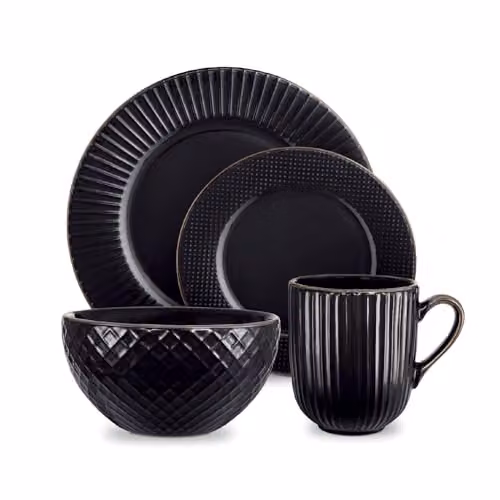 Tower Empire 16 Piece Geometric Stoneware Dinnerware Set in Black and Bronze