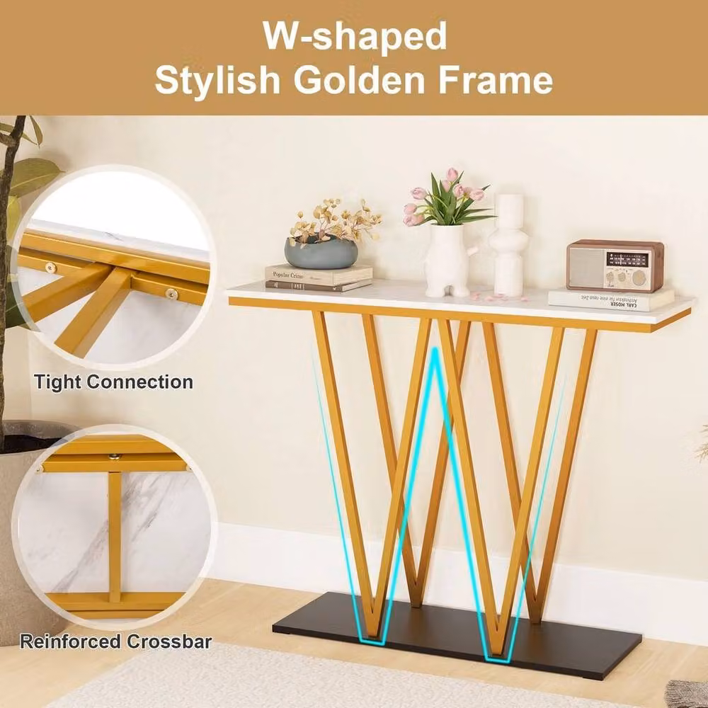 KORVIXA Modern Accent Console Table with Faux Marble Top and Gold Metal X-Frame, W/D/H: 100 x 100 x 100 cm – 3