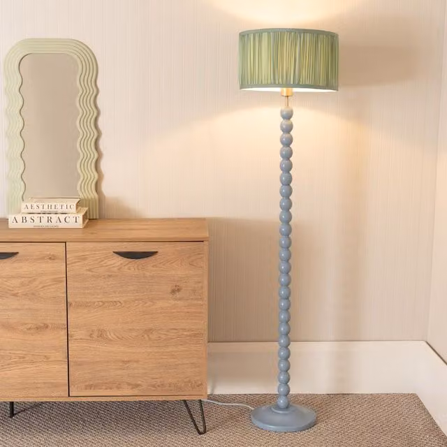 ValueLights Bobbin Stem Floor Lamp in Powder Blue with Green Ruched Pleated Fabric Shade, H 145 cm x W 25 cm x D 25 cm – 2
