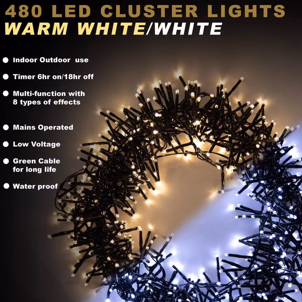 Shatchi 480 LED Christmas Tree Cluster Lights in Yellow with Warm and Cool White CCT and 8 Light Modes – 3