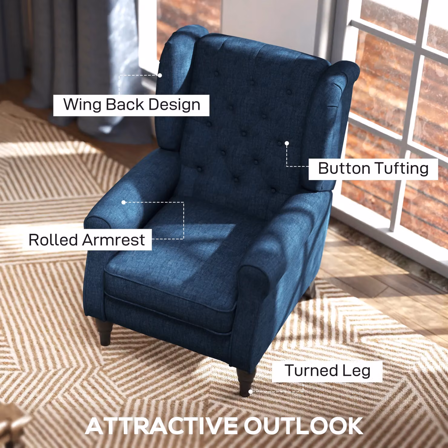 HOMCOM Retro Blue Fabric Wingback Accent Armchair with Solid Wood Frame and Button Tufting – 9