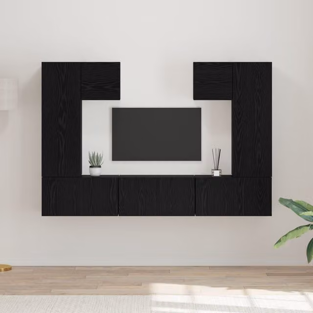 Berkfield Home 7-Piece Modern Wall-Mounted TV Cabinet Set in Black Oak with Hinged Doors and Shelving