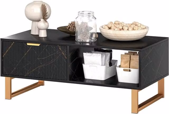 NESTLUNE Black and Gold Rectangular Coffee Table with Drawer and Open Shelves, W: 100 cm, D: 15 cm, H: 15 cm