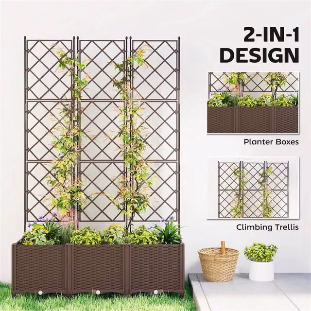 KORVIXA Brown Raised Garden Bed with Trellis made of Plastic WPC – 1