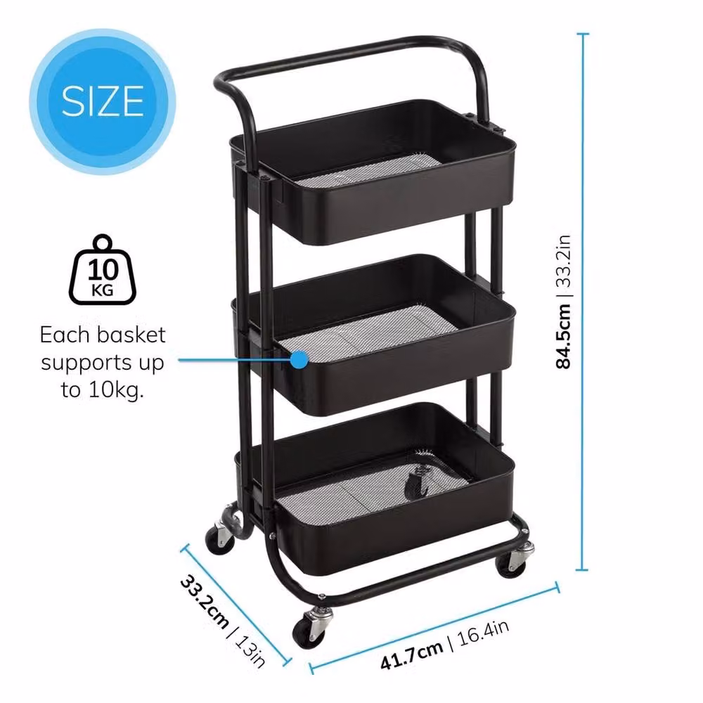 VOGREX Black 3-Tier Metal Wheeled Storage Cart Organiser – 2