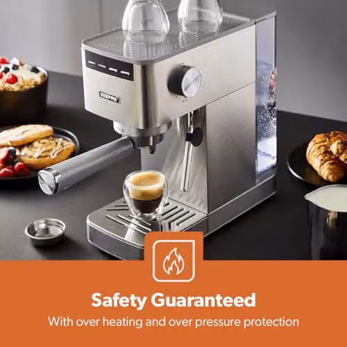 GEEPAS Espresso and Cappuccino Coffee Machine with Milk Frother, Silver, 15 Bar Pressure, 1.4 l Water Tank, 1450W with Thermoblock Heating and Pre-infusion – 5