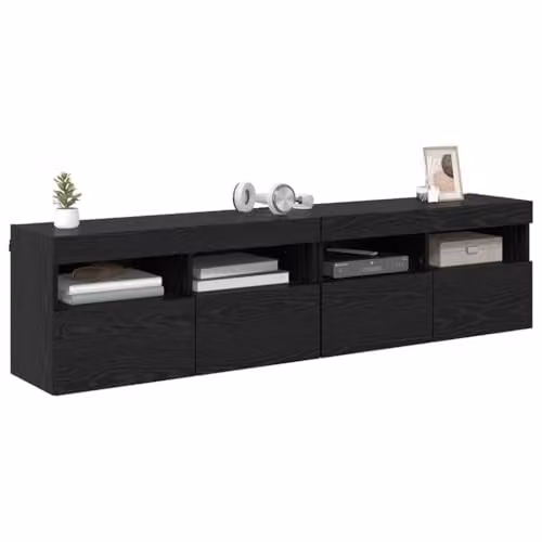 vidaXL Set of 2 Modern Wall-Mounted TV Cabinets in Black Oak Engineered Wood with Integrated Lighting and Internal Shelves – 1