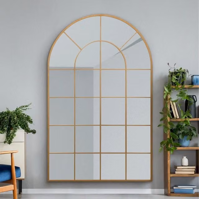 MirrorOutlet Arcus Arched Modern Metal Wall Mirror in Gold and Black