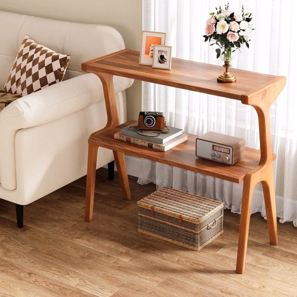VOGREX Modern 2-Tier Solid Rubberwood End Table in Brown, W: 30.0 cm, D: 30.0 cm, H: 67.0 cm – 3