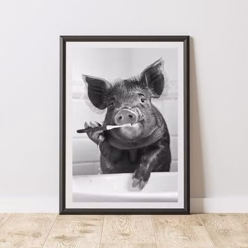 60 Second Makeover Pig Brushing Teeth Animal Print Paper Poster, A3