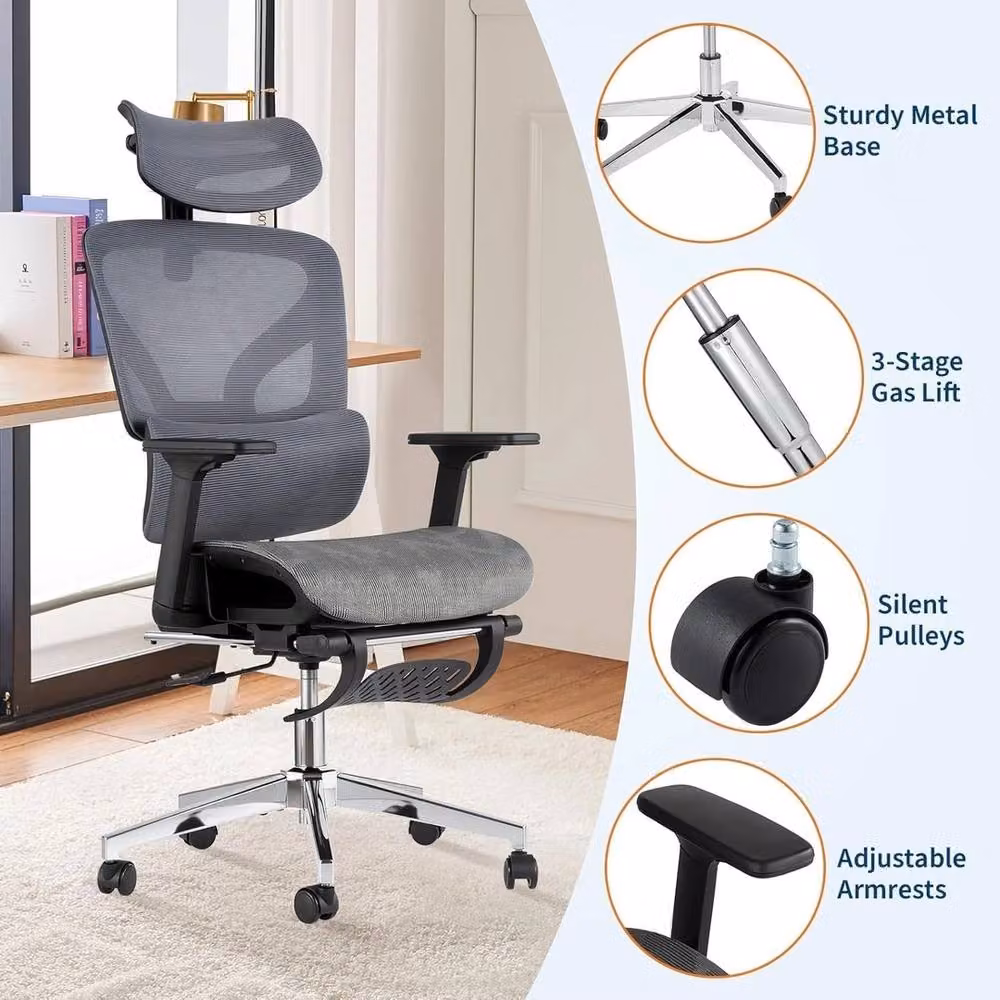 VOGREX Ergonomic Mesh Office Chair with Lumbar Support, Headrest, Armrests and Footrest in Multicolour – 3