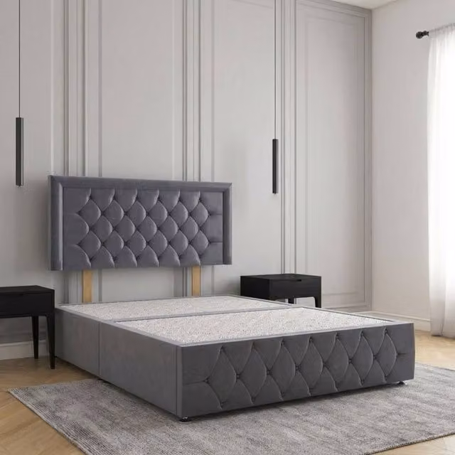 Regional Furnishings Double Divan Bed with 24 inch Plush Velvet Headboard and Footboard in Anthracite Grey, W/D/H: 140 x 200 cm