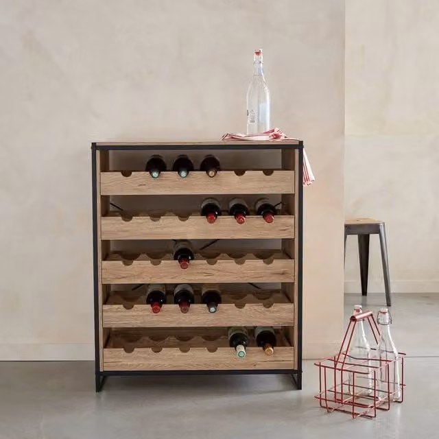sweeek 5-Shelf Industrial Wine Rack with Metal and Wood-effect Finish in Light Brown