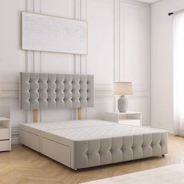 BSSPOKE Eva King Size Divan Bed with 24 inch Headboard and 2 Drawers in Silver Plush Velvet