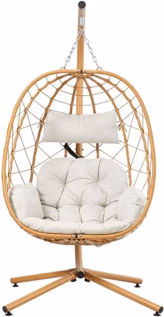 Darphe Modern Hanging Egg Garden Swing Chair with Cushion and Adjustable Headrest in Beige and Yellow