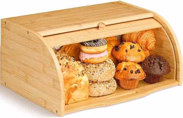 FORGEVIO Bamboo Bread Box with Roll Top Lid in Brown Wood