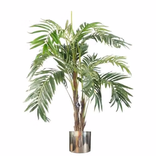 Leaf Realistic Artificial Palm Tree with Silver Metal Planter, Green, H 120 cm x W 80 cm x D 80 cm