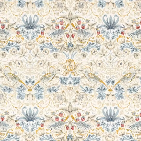 William Morris Strawberry Thief Floral Cotton Linen Fabric in Multicolour Blue