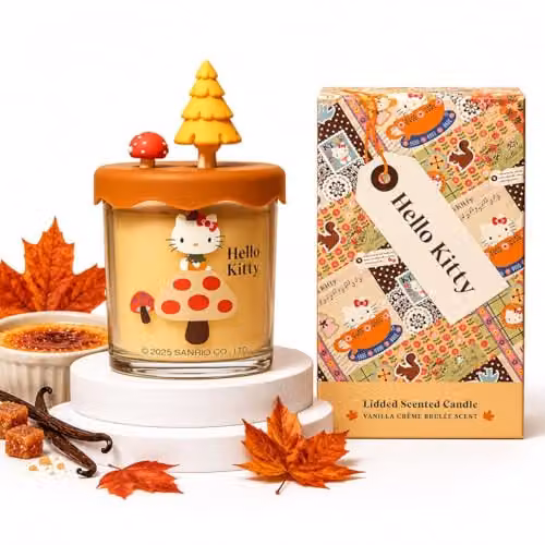 Hello Kitty Vanilla Crème Brulee Scented Candle, 213g Glass Jar with 3D Silicone Lid, Sweet Dessert Fragrance