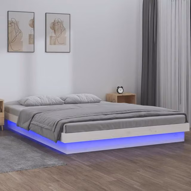 Berkfield Home White Solid Pine LED Bed Frame with Under-Bed Lighting and USB Charging Port W/D/H: 140 x 200 cm – 1