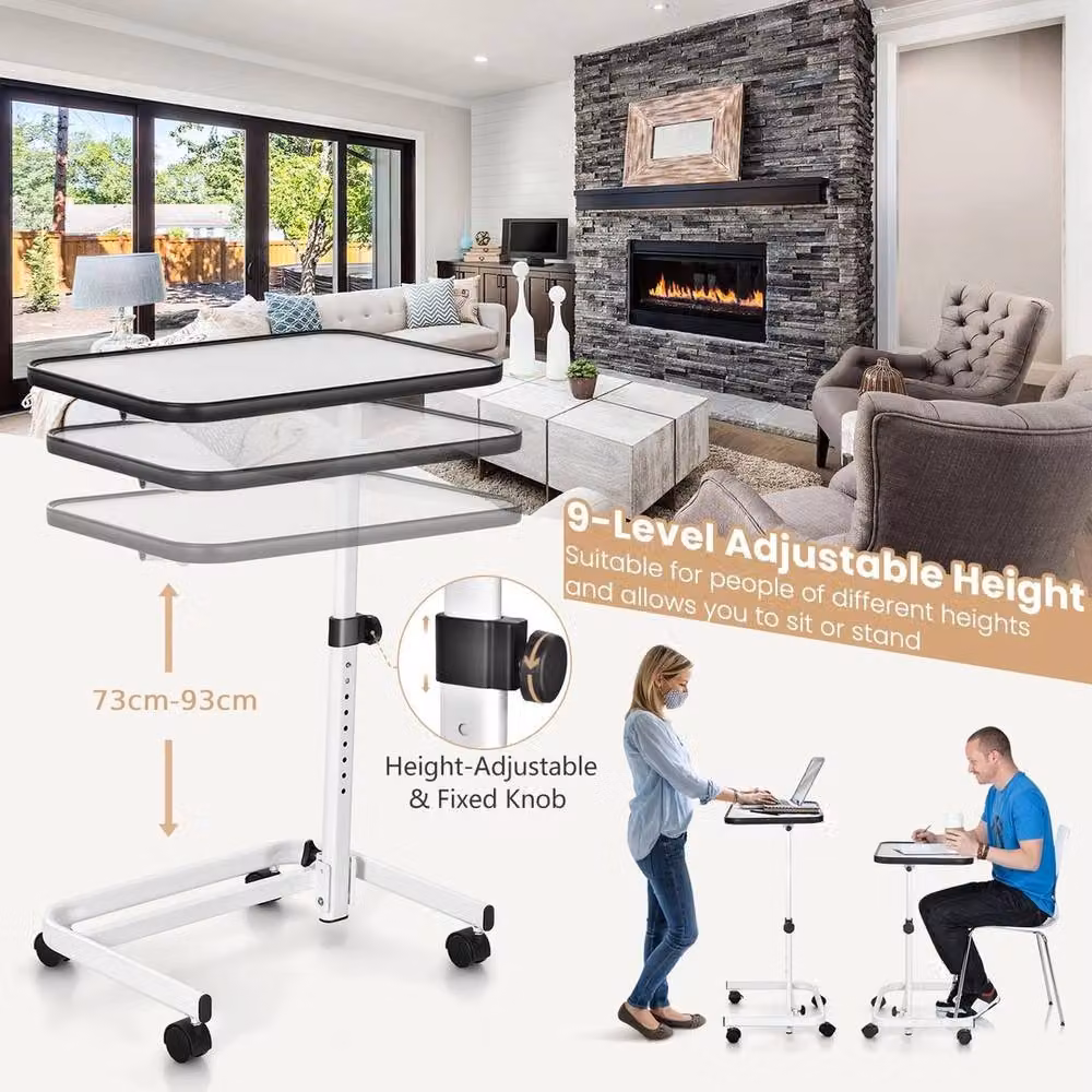 VOGREX Height Adjustable Tilting Overbed Table with Wheels in White – 2