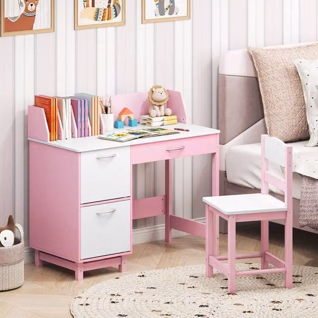 Costway Kids Wooden Study Desk and Chair Set with Drawer in Pink and Multicolour – 1