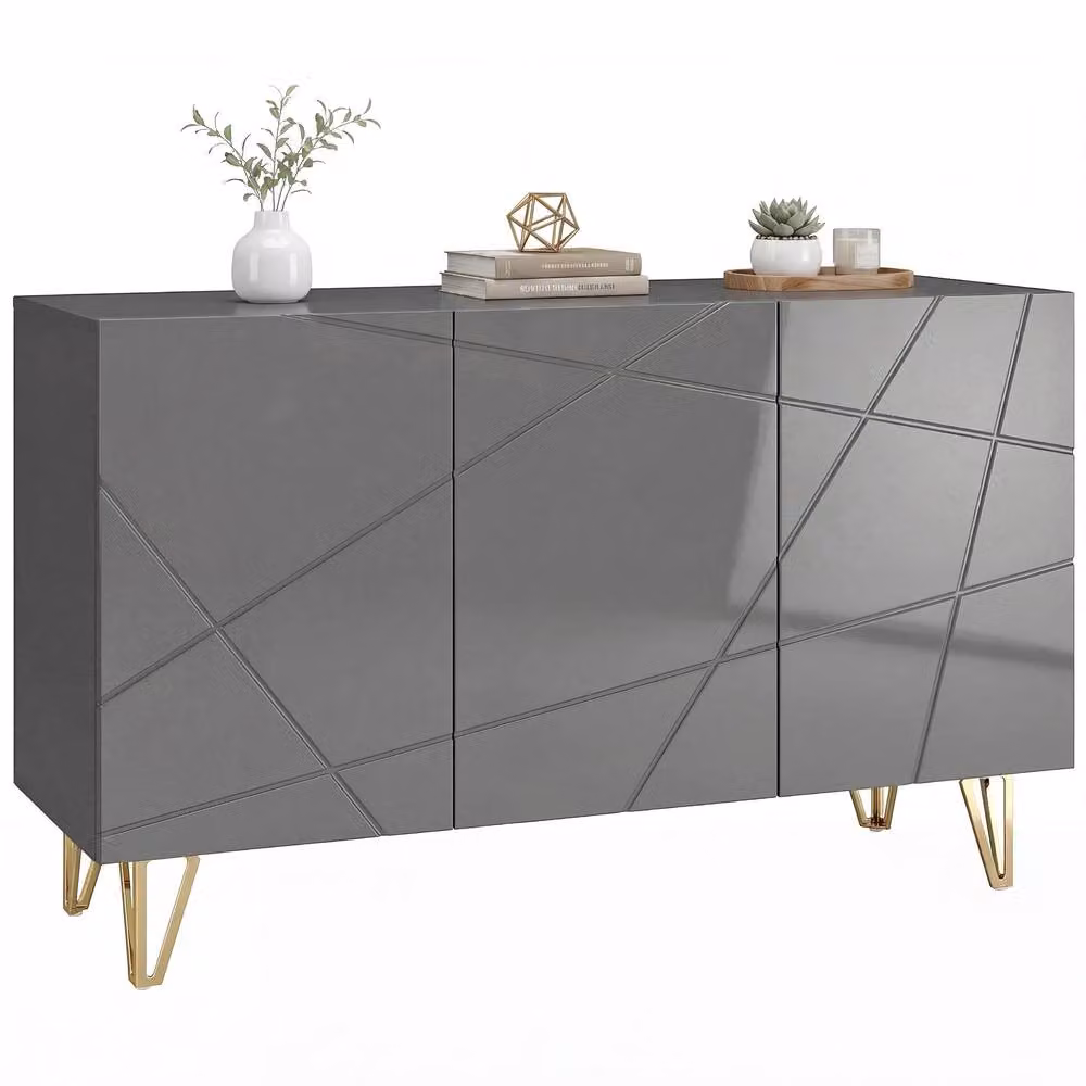 HOMCOM High Gloss Grey Sideboard Storage Cabinet with Adjustable Shelves and Gold Accents – 2