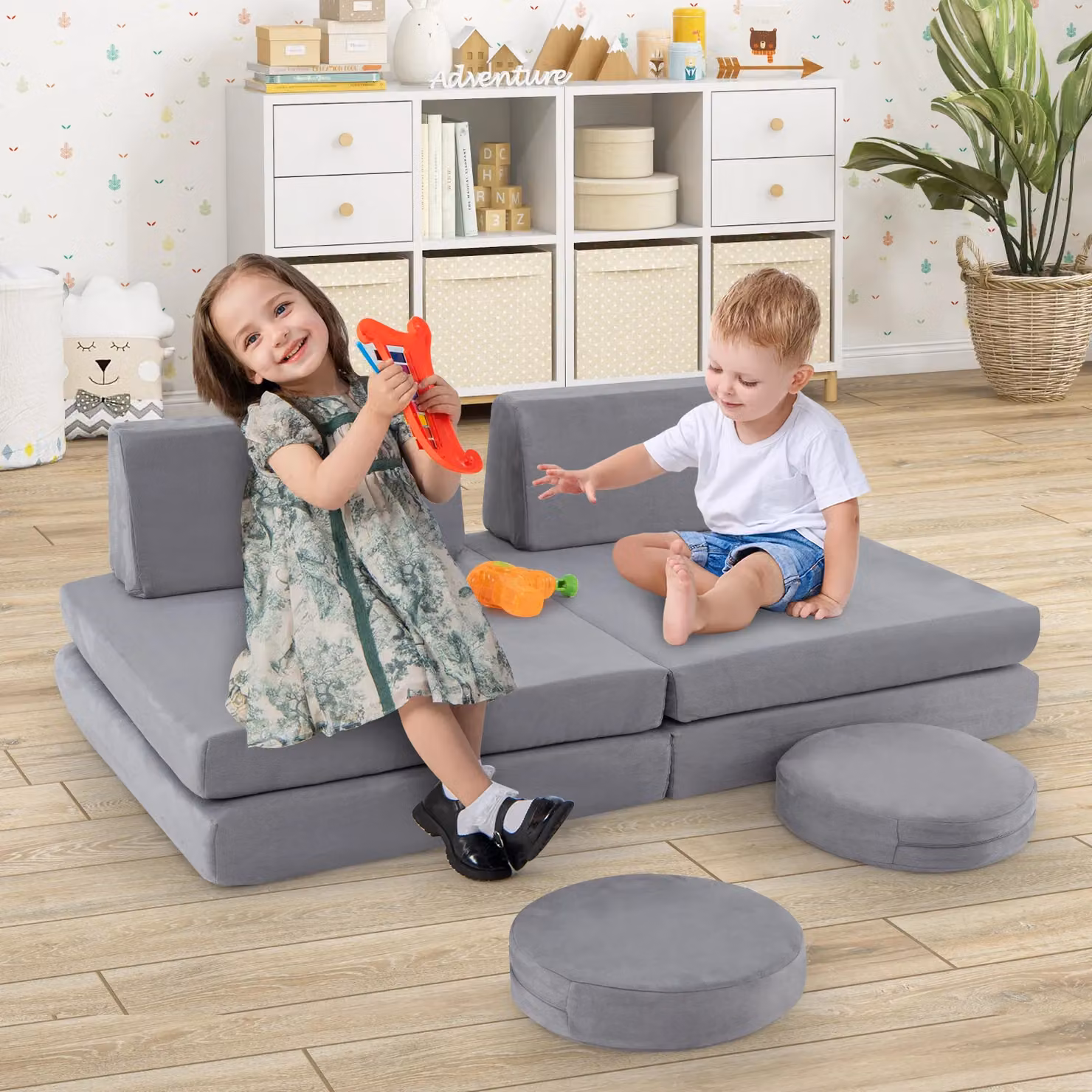 Costway 6 Piece Modular Convertible Foam Play Couch Set in Grey – 2