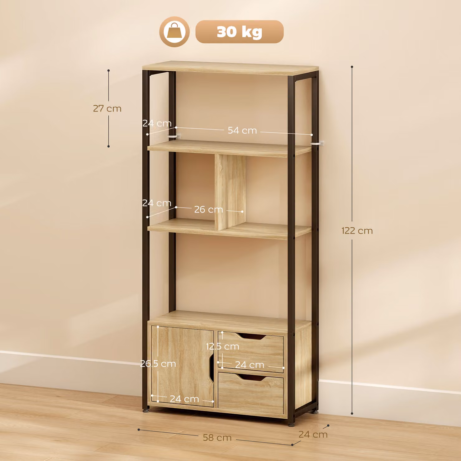 HOMCOM 4-Tier Industrial Bookcase with 1 Cabinet and 2 Drawers in Brown and Black Wood and Metal – 3