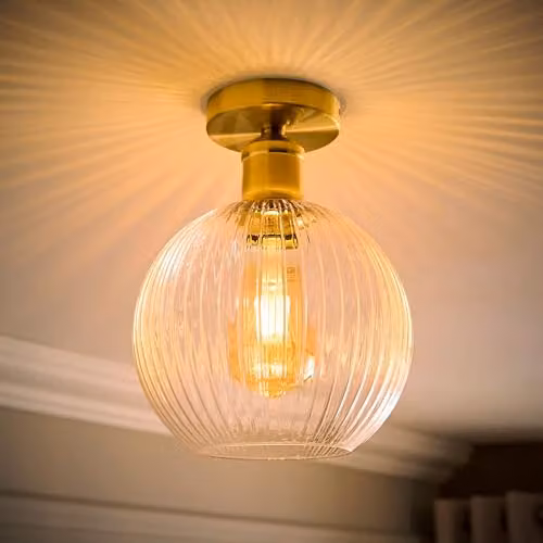 ValueLights Maddison Clear Ribbed Glass Sphere Flush Ceiling Light with Bulb in Gold/Brass – 2