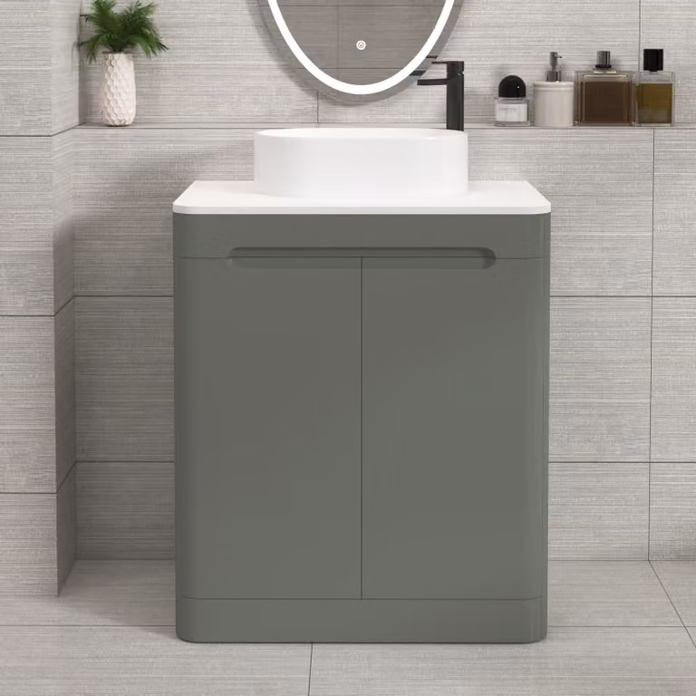 Royal Bathrooms Venice 700mm Sage Green Floor Standing 2 Door Vanity Unit with Plain White Worktop and Peak Basin