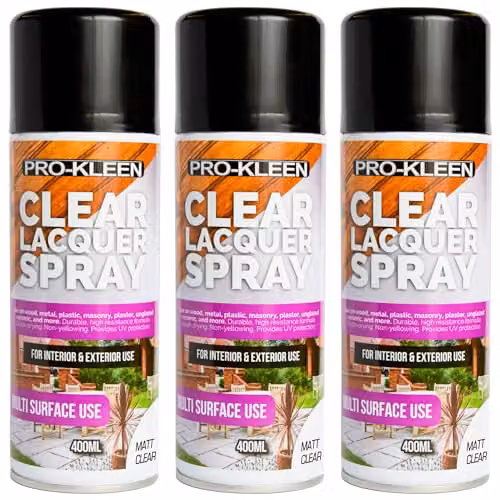 Pro-Kleen Matt Clear Lacquer Spray, Weatherproof and Scratch Resistant Synthetic Resin Sealant for Metal, Wood, Plastics and Ceramics, 3 x 400ml