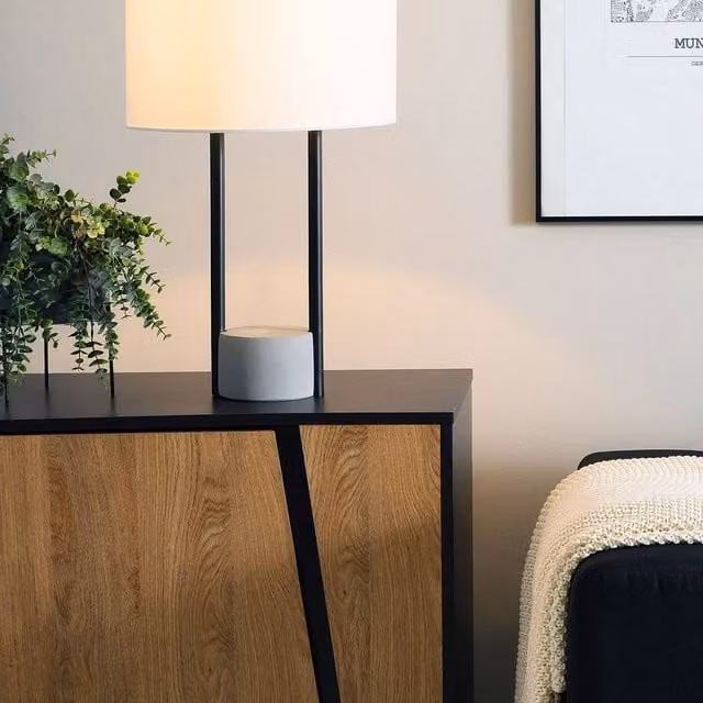 Wyld and Coco Table Lamp with White Fabric Drum Shade and Grey Concrete Base – 1